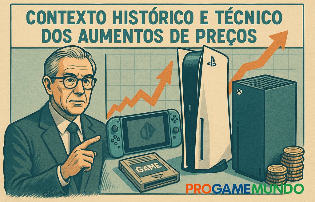 Ilustração educativa mostra consoles e gráfico de alta de preços.