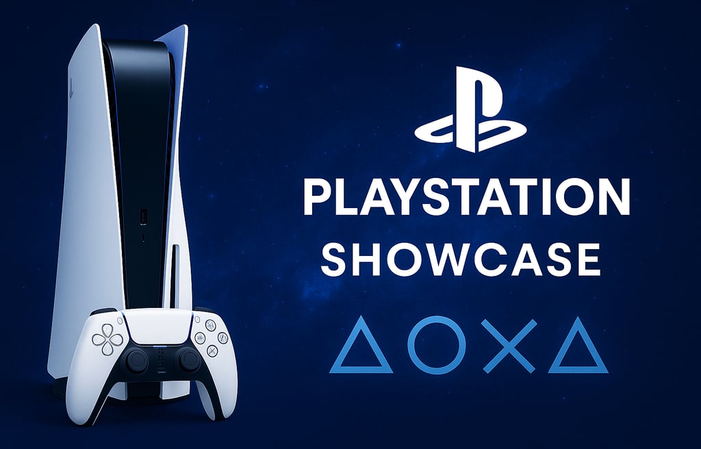 PlayStation Showcase 2025 com PS5 e símbolos clássicos em fundo azul estrelado