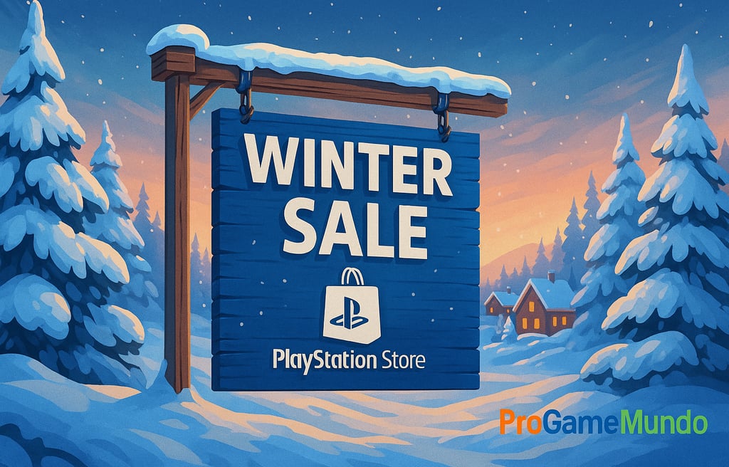 Personagens em avenida digital com banners de desconto da PS Store sob neve.