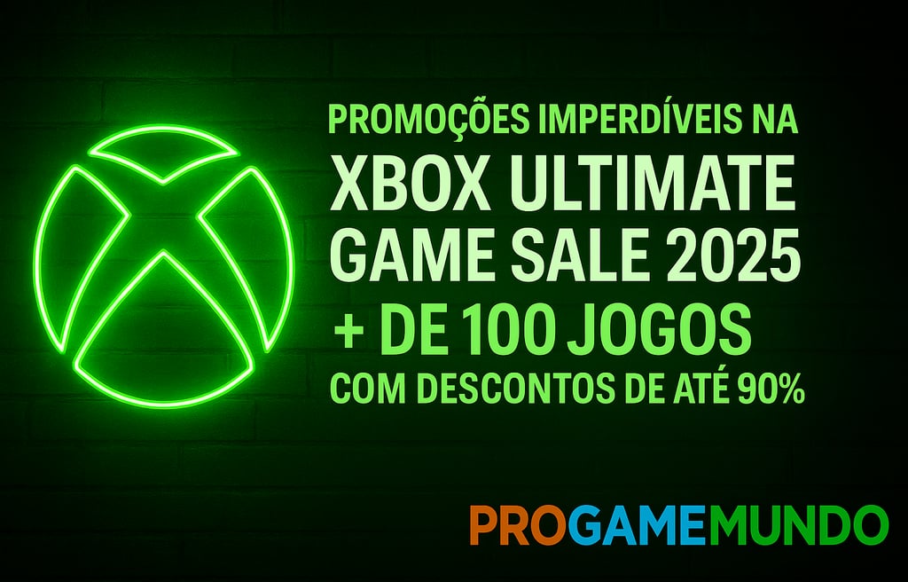 Banner promocional com logo Xbox e texto “Xbox Ultimate Game Sale 2025 – até 90% OFF”.