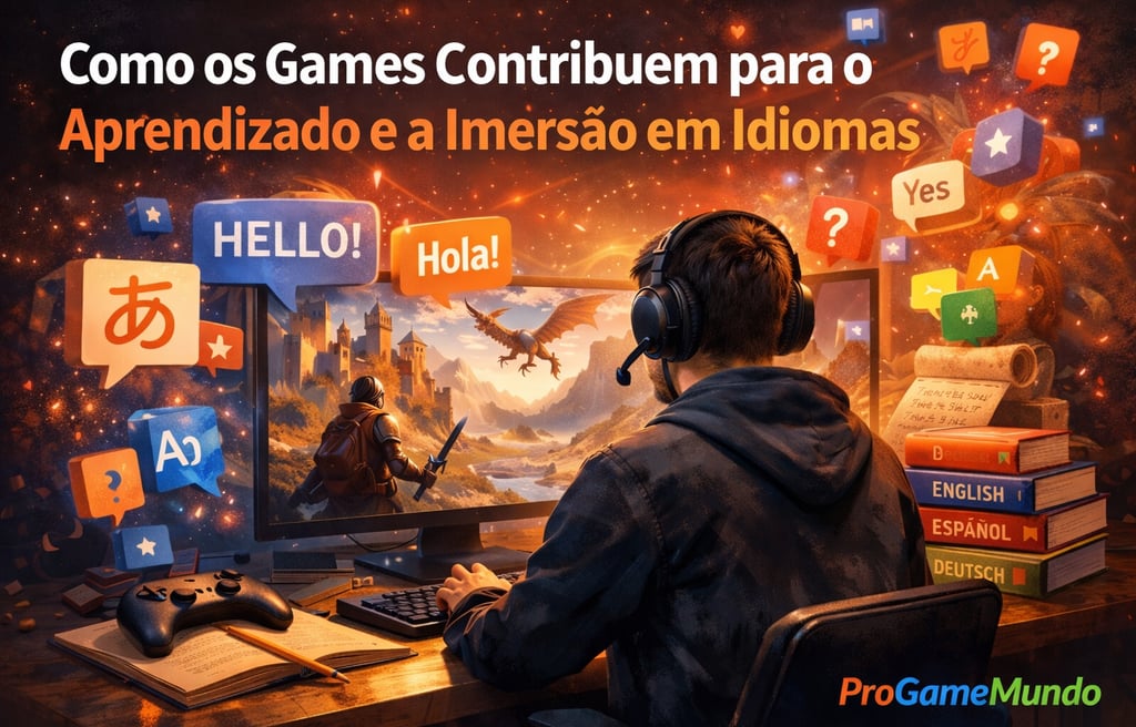 Jogador em frente ao computador com jogo narrativo e elementos visuais de aprendizado de idiomas