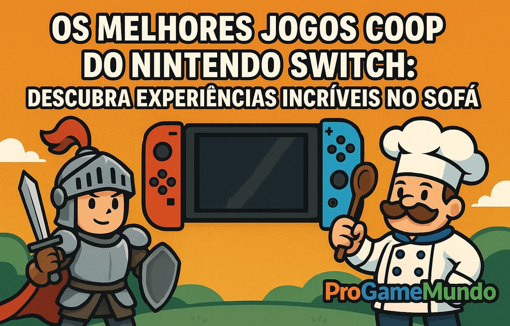 Nintendo Switch com personagens estilo cartoon representando jogos cooperativos.
