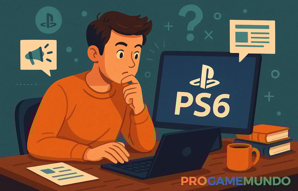 Jovem pesquisando sobre o PS6 em um notebook, com expressão de dúvida.