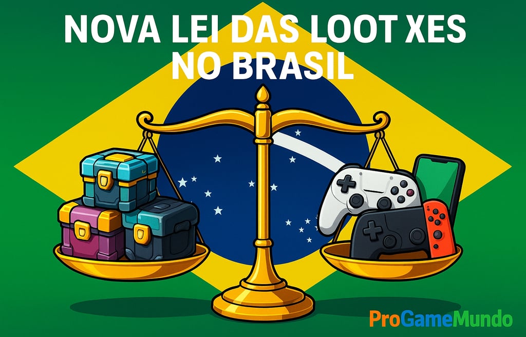 Balança de justiça equilibrando loot boxes e videogames com bandeira do Brasil e título centralizado