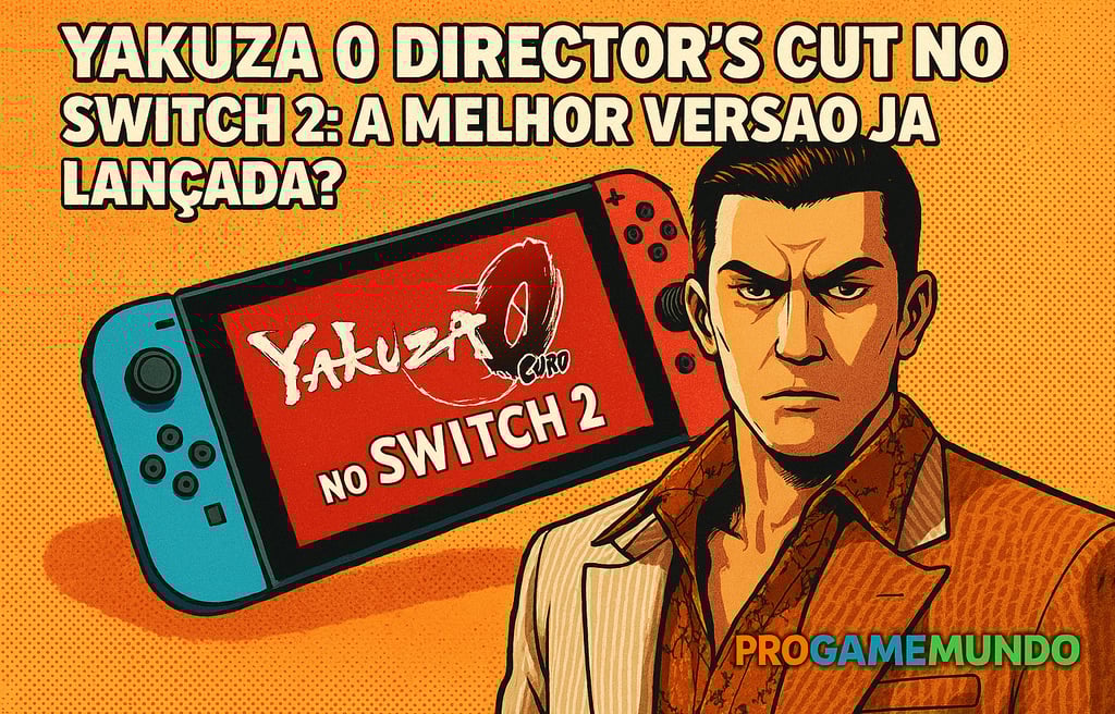 Kazuma Kiryu em arte estilo HQ ao lado de um Nintendo Switch 2 com fundo laranja vibrante e título
