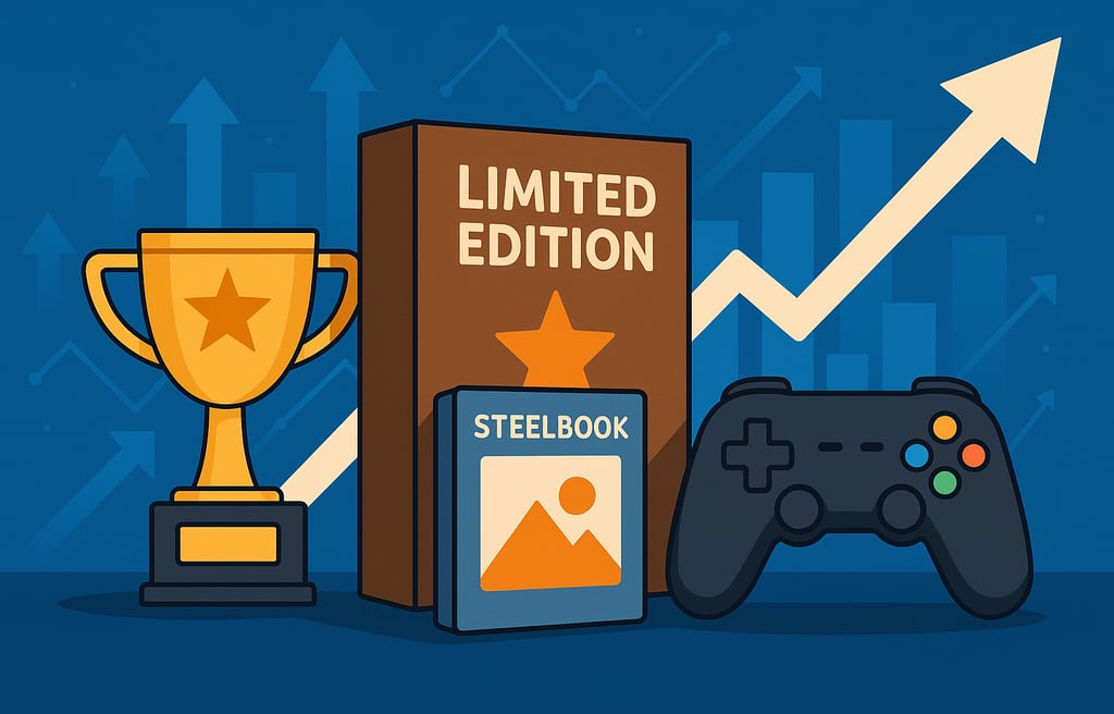 Ilustração horizontal com itens colecionáveis de games e gráficos de crescimento.
