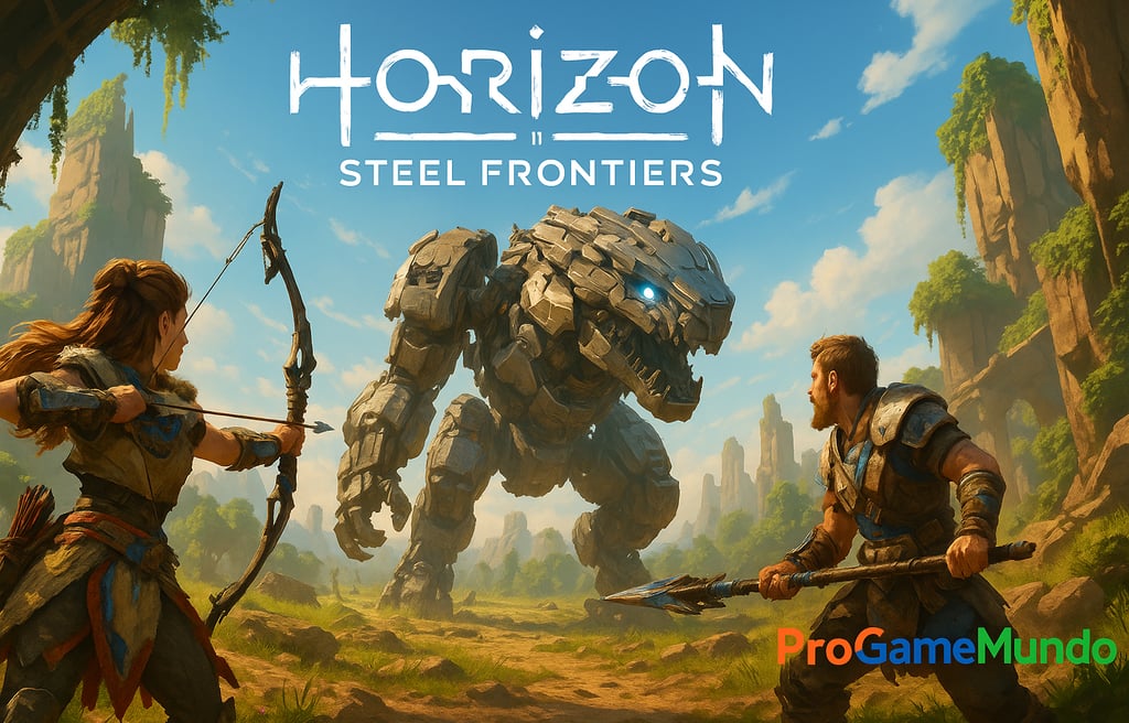 Cena de dois caçadores enfrentando uma máquina gigante em um vale aberto, representando o início 