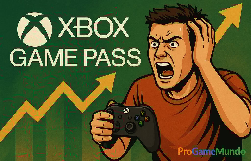 Gamer indignado segura controle Xbox diante de gráfico de aumento do preço do Game Pass.