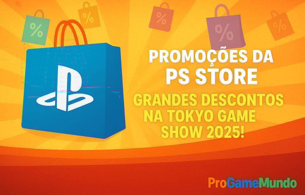 Ilustração vibrante da PS Store com sacolas coloridas simbolizando promoções na Tokyo Game Show 2025