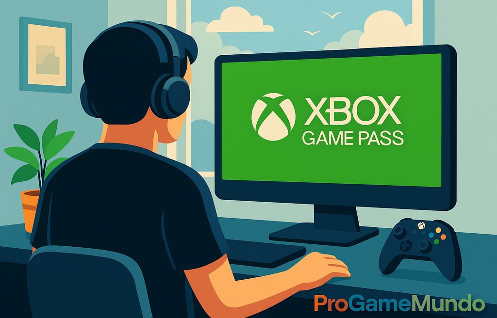 Pessoa usando fone jogando via Xbox Game Pass em um PC.
