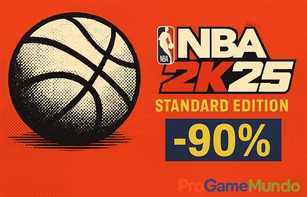 Promoção de NBA 2K25 com bola de basquete e 90% de desconto em destaque.