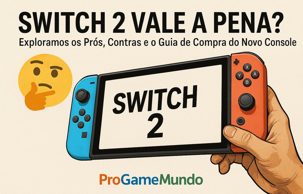 Ilustração com o Switch 2 nas mãos de um jogador e o título “Switch 2 Vale a Pena?” em destaque.