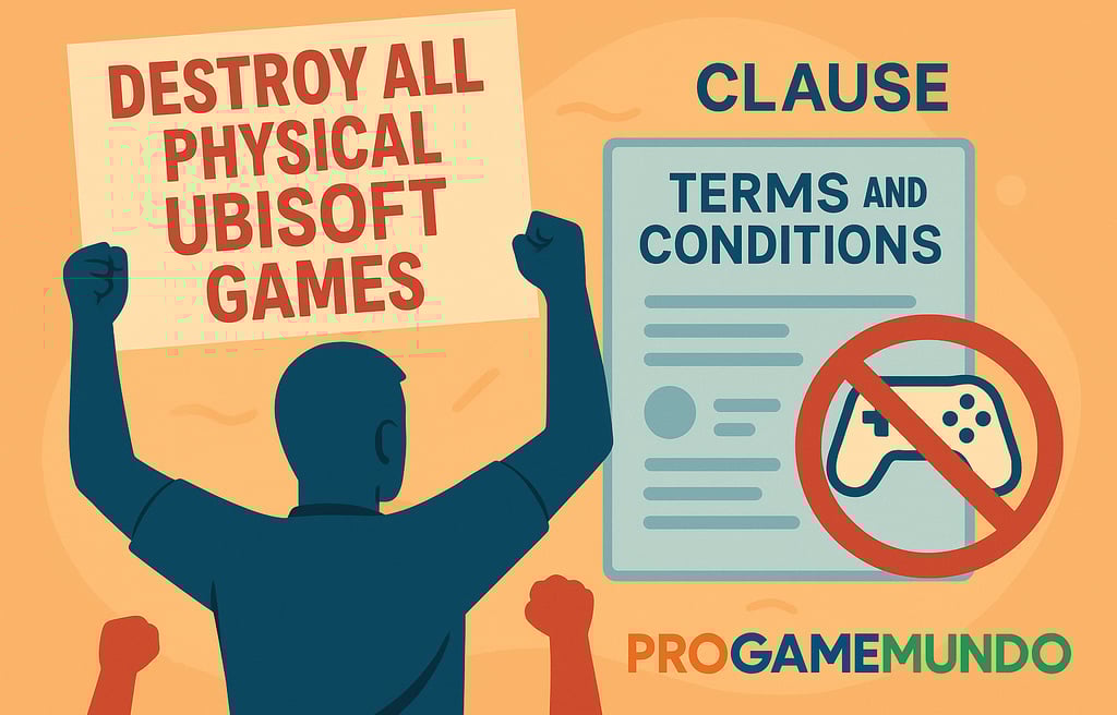 Manifestante com cartaz e documento de termos da Ubisoft em protesto ilustrado.