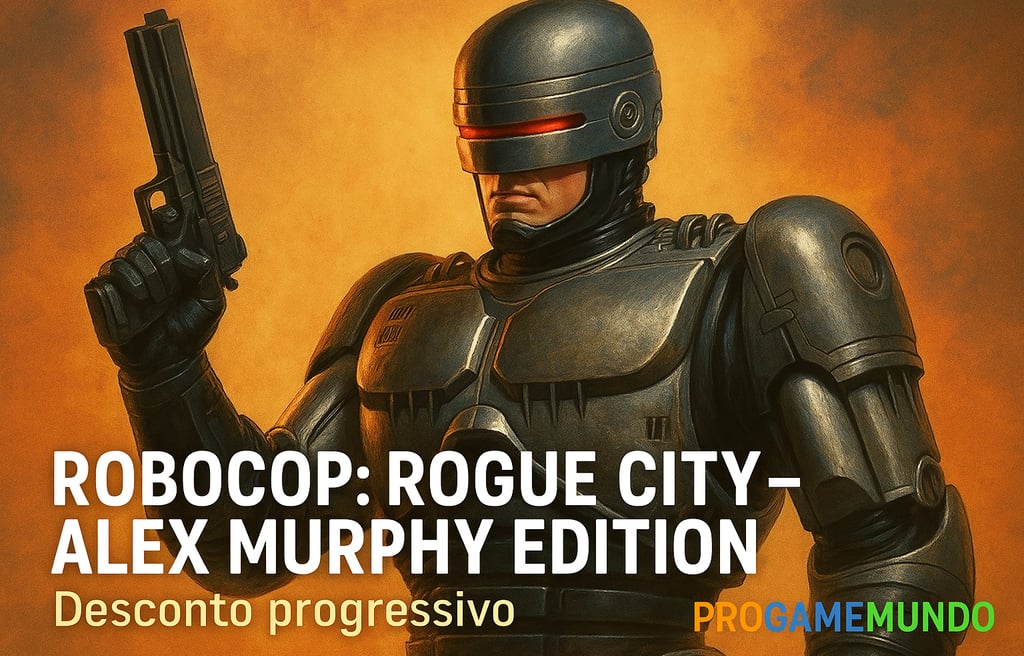 RoboCop em pose heroica com fundo laranja, arma em punho e visual futurista.