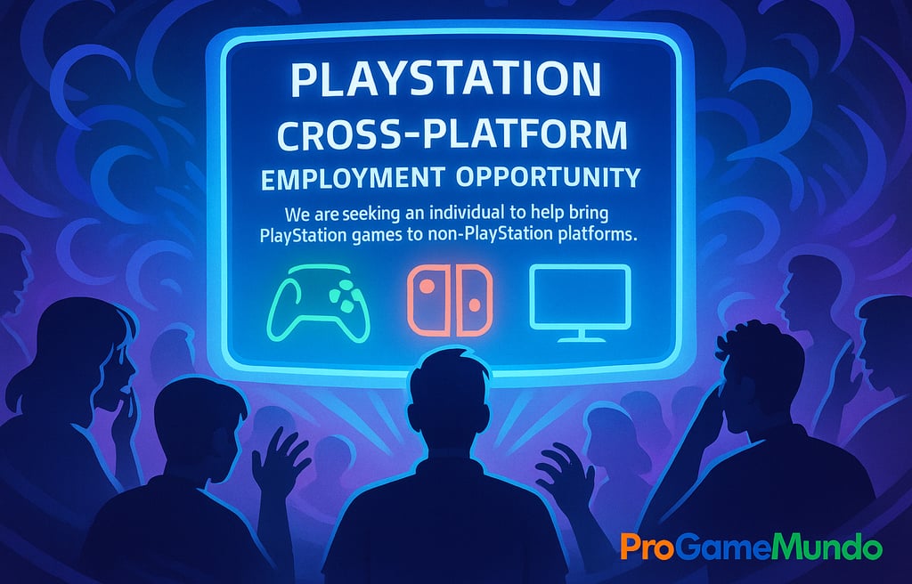 Cartaz digital anunciando vaga multiplataforma cercado por jogadores curiosos.