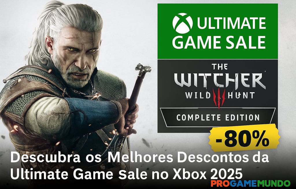 Geralt empunhando sua espada ao lado do banner da Ultimate Game Sale com 80% de desconto.