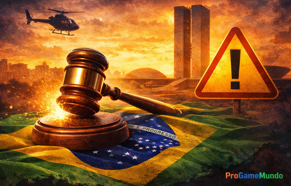 Martelo de juiz, cidade noturna e figura anônima em arte sobre games no Brasil.