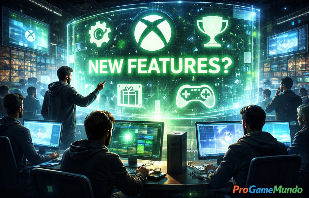 Equipe diante de painel holográfico com novos recursos do Xbox em destaque.