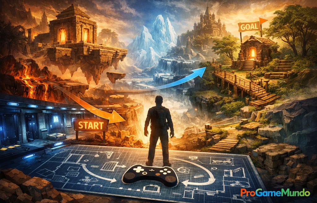 Composição editorial sobre design de fases, mapas, desafio e exploração nos games.