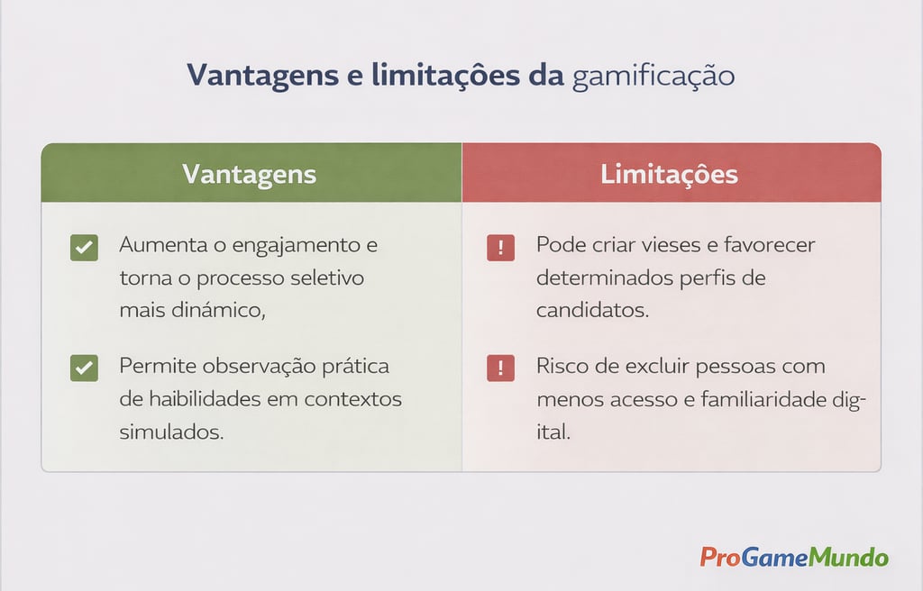 Quadro comparativo apresenta vantagens e limitações do uso da gamificação em processos seletivos.