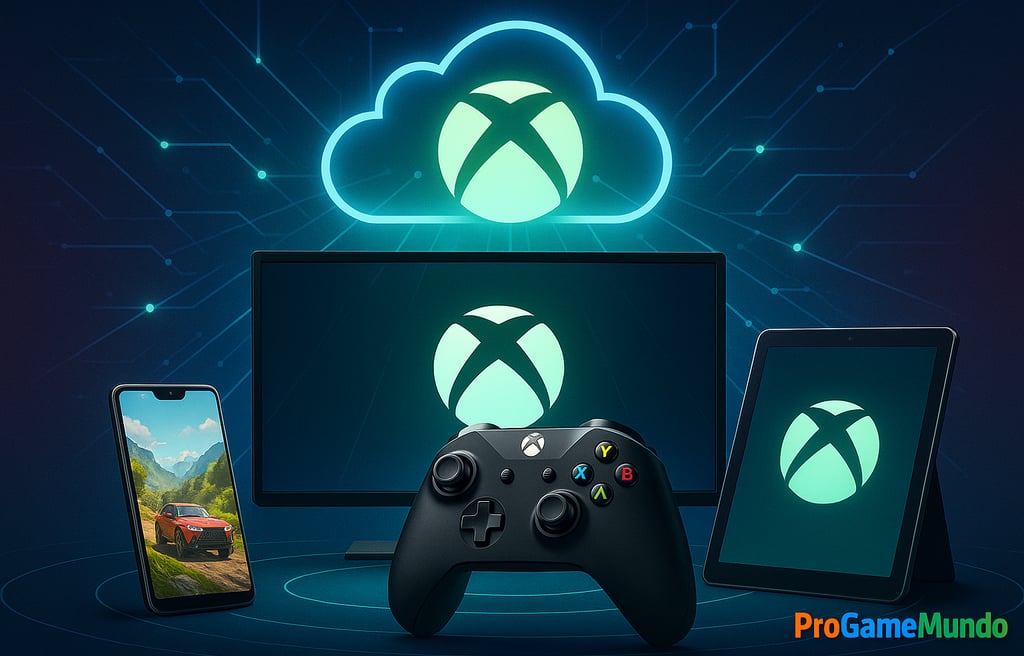 Xbox Cloud Gaming exibido em TV, smartphone e tablet com ícone de nuvem e controle.