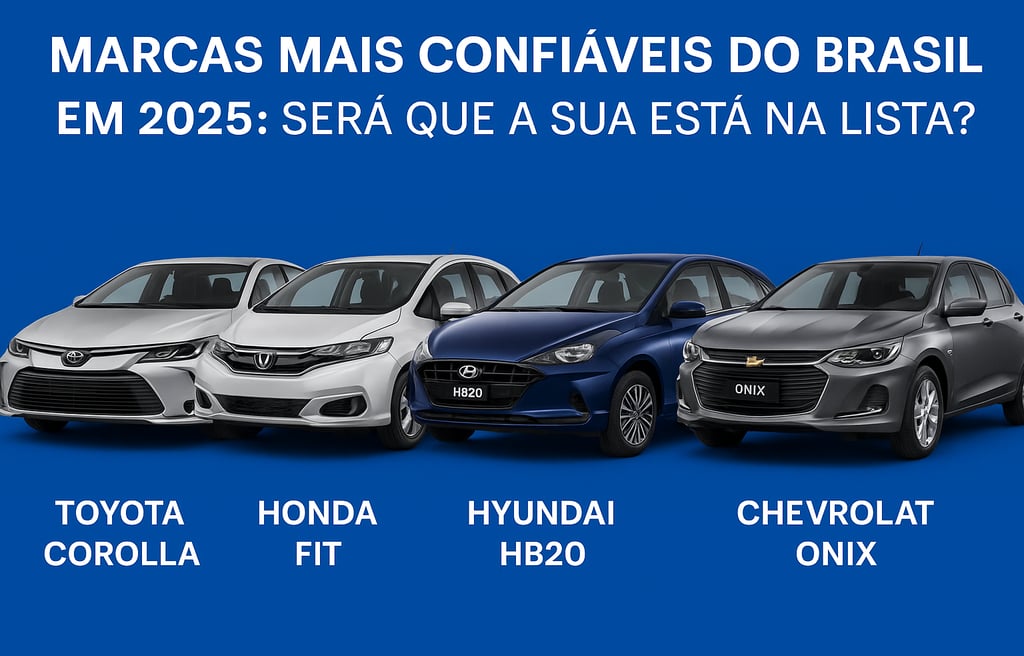 Carros das marcas mais confiáveis do Brasil em 2025: Honda Fit, Toyota Corolla, Hyundai HB20 e Chevr