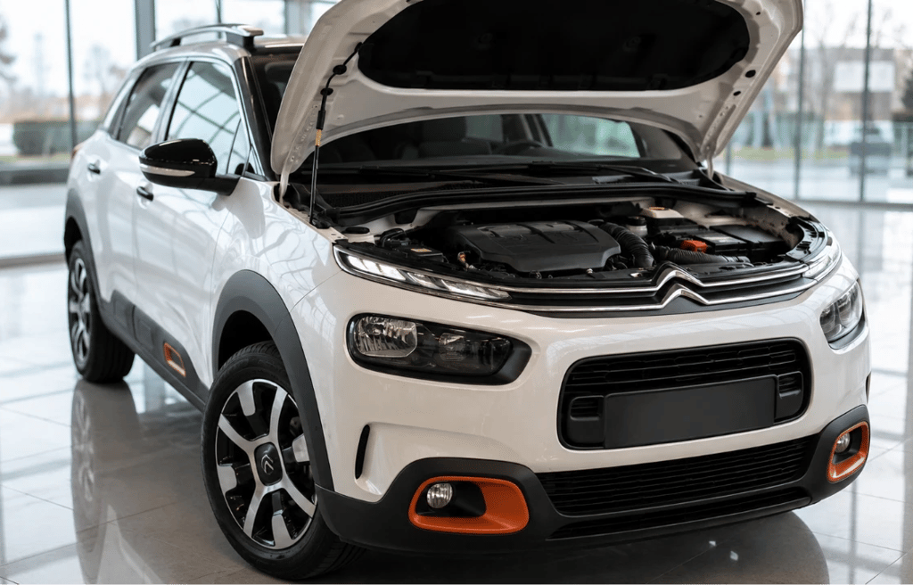 Citroën C4 Cactus THP Turbo com capô aberto exibindo o motor em showroom moderno.