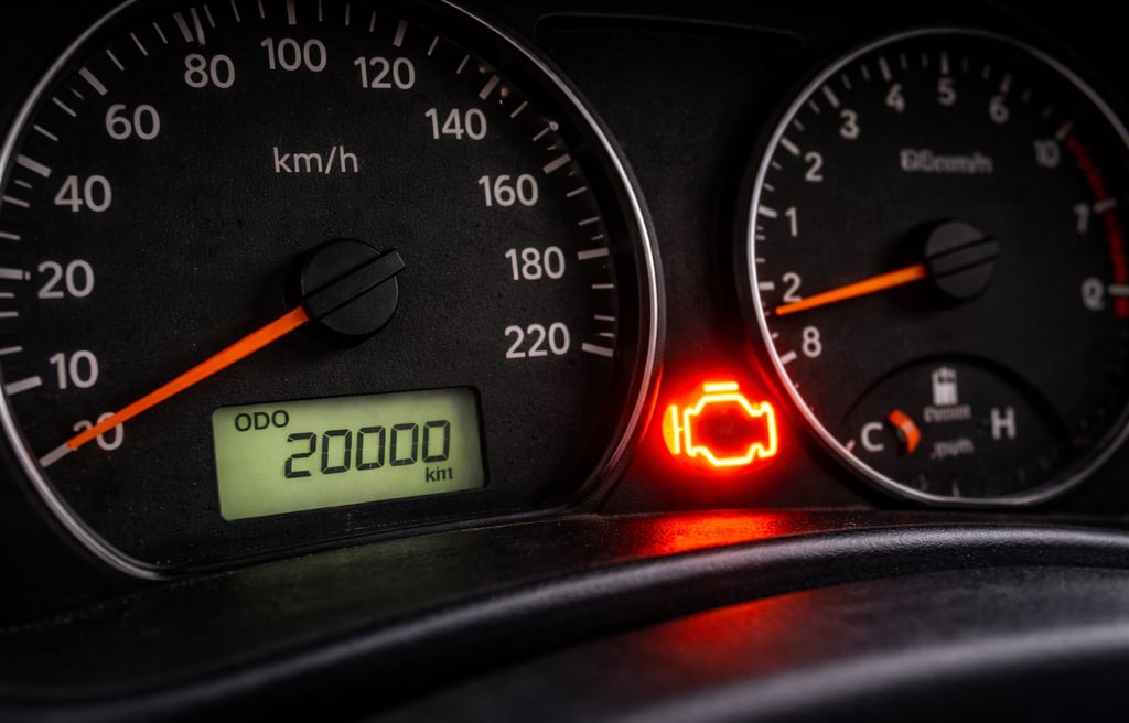 Painel de carro com quilometragem baixa de 20.000 km e luz de alerta do motor acesa