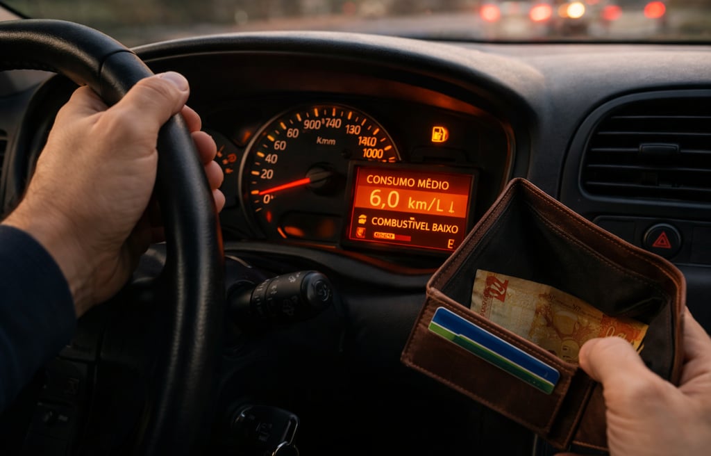 carro econômico mostrando consumo alto no painel com motorista segurando carteira vazia