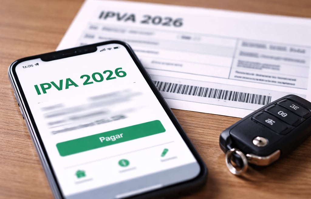 IPVA 2026 exibido em aplicativo bancário com chave de carro ao lado sobre mesa de madeira