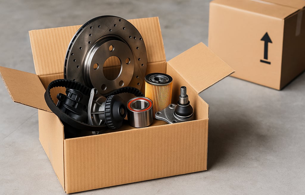 Caixa de papelão aberta com peças automotivas