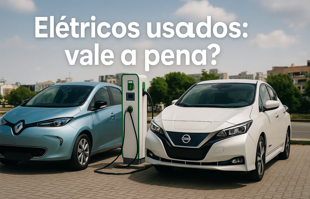 Dois carros elétricos usados carregando em estação pública, plano aberto, sem cortes