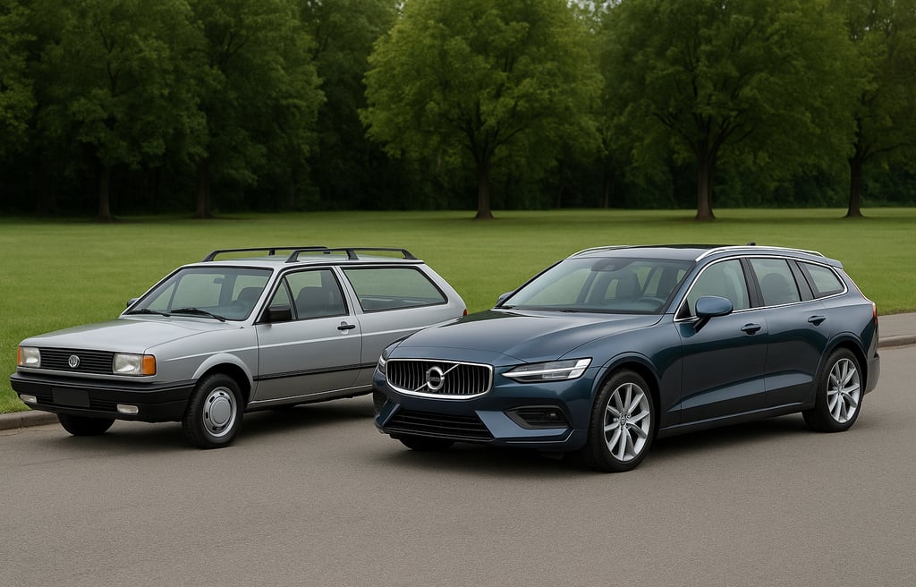 Volkswagen Parati clássica e Volvo V60 moderna estacionadas lado a lado em rua arborizada, simboliza