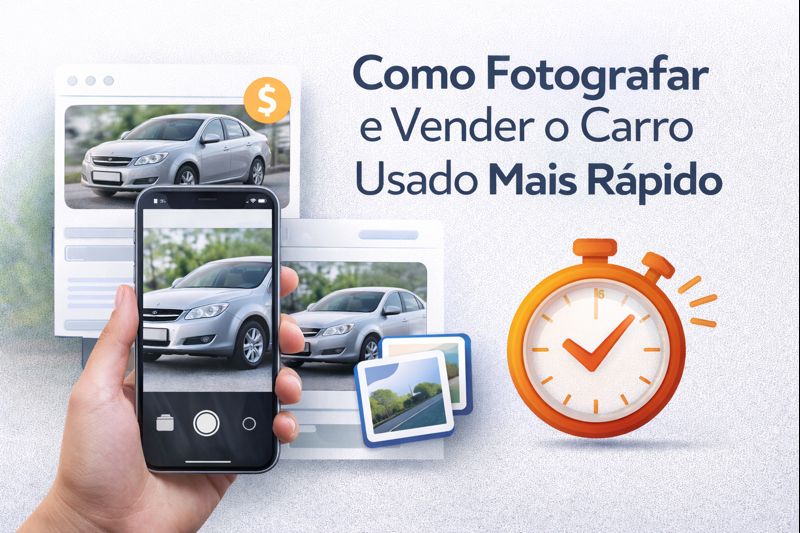 Pessoa fotografando carro usado com celular para criar anúncio de venda mais atrativo.