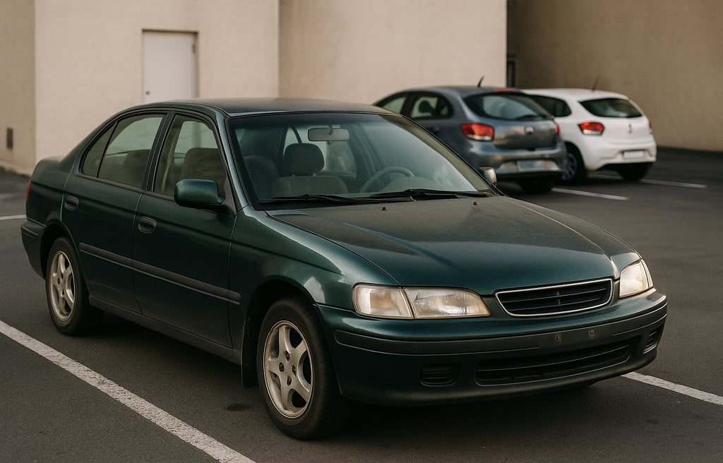 Carro antigo parado em estacionamento, com poeira visível na lataria