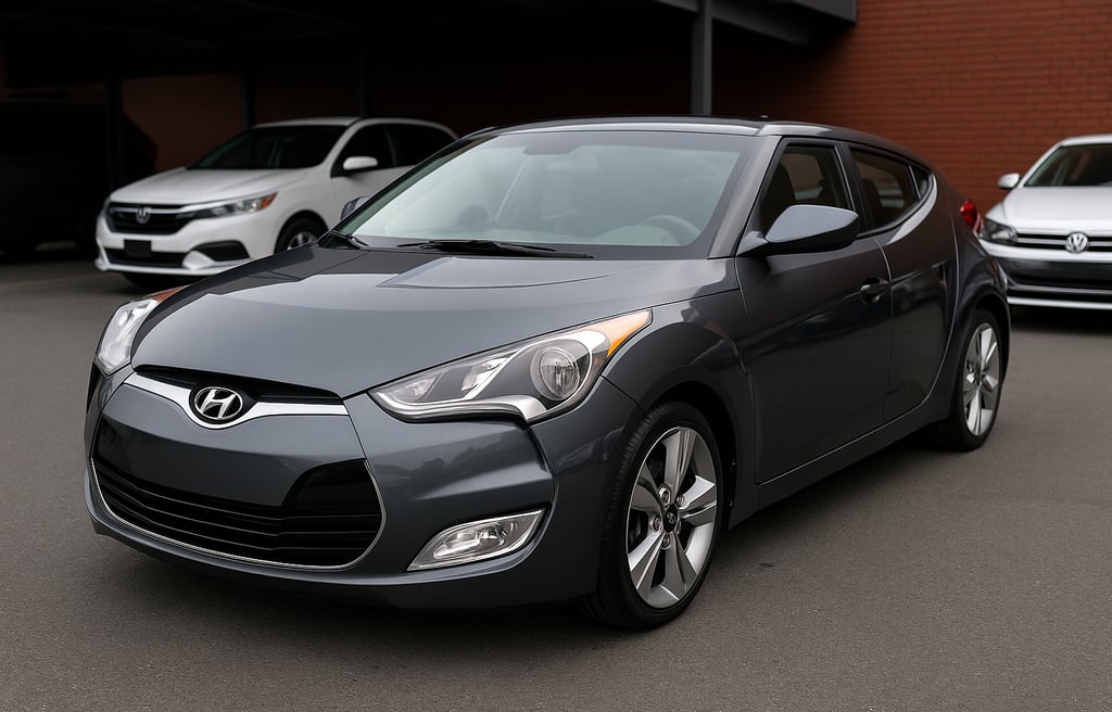 Hyundai Veloster cinza visto de frente e lateral em estacionamento, destaque esportivo