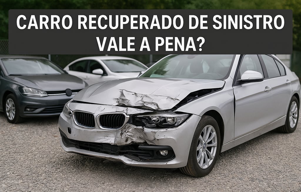 Carro recuperado de sinistro em pátio de usados no Brasil com frente danificada e frase em destaque