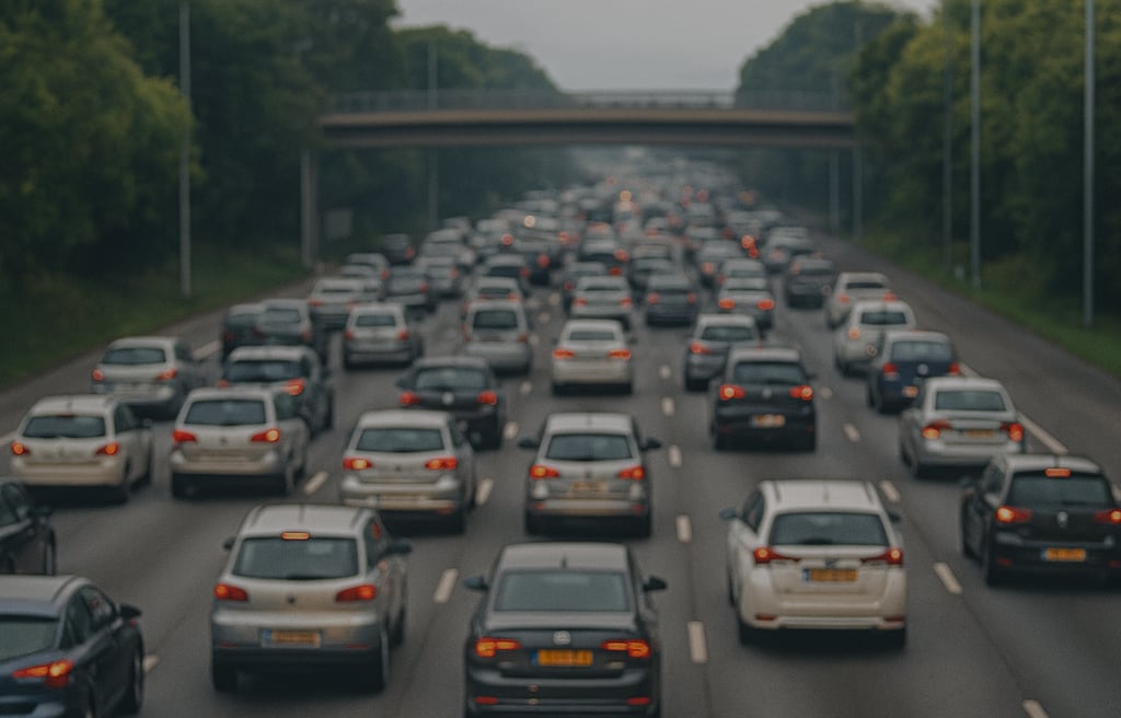 Trânsito intenso em rodovia com diversos carros, simbolizando a frota envelhecida no Brasil.