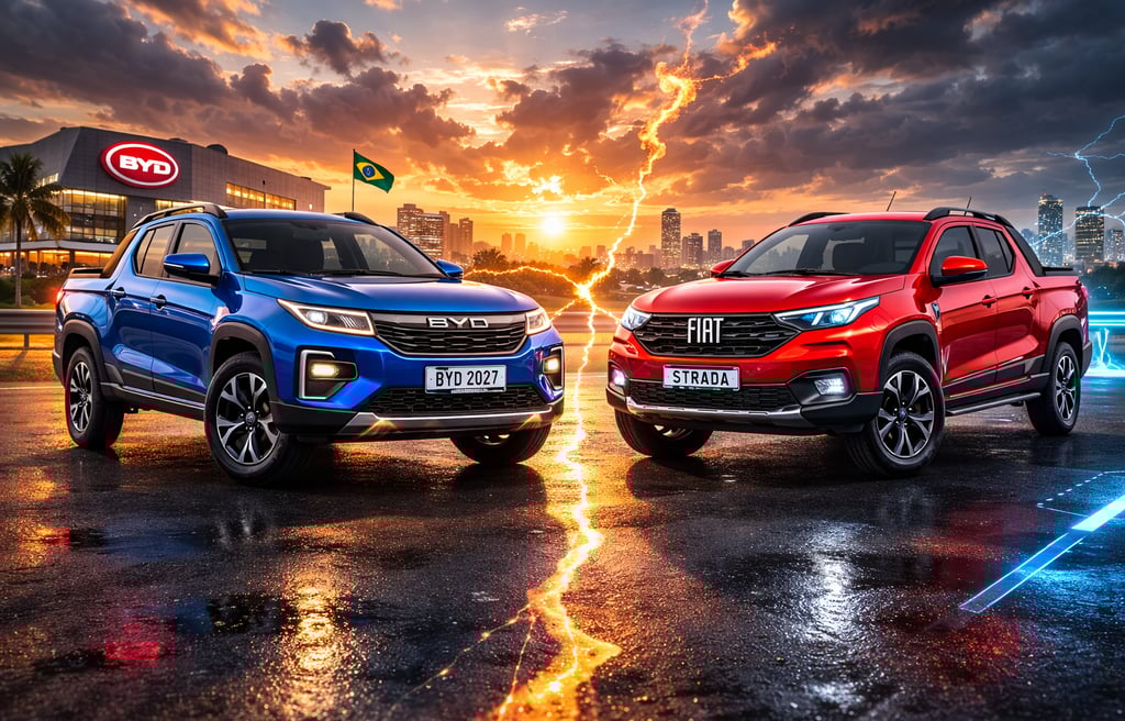 BYD rival da Strada em comparação direta com Fiat Strada ao pôr do sol no Brasil