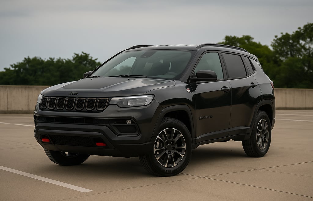 Jeep Compass Trailhawk preto metálico visto em ângulo 3/4, estacionado em ambiente aberto