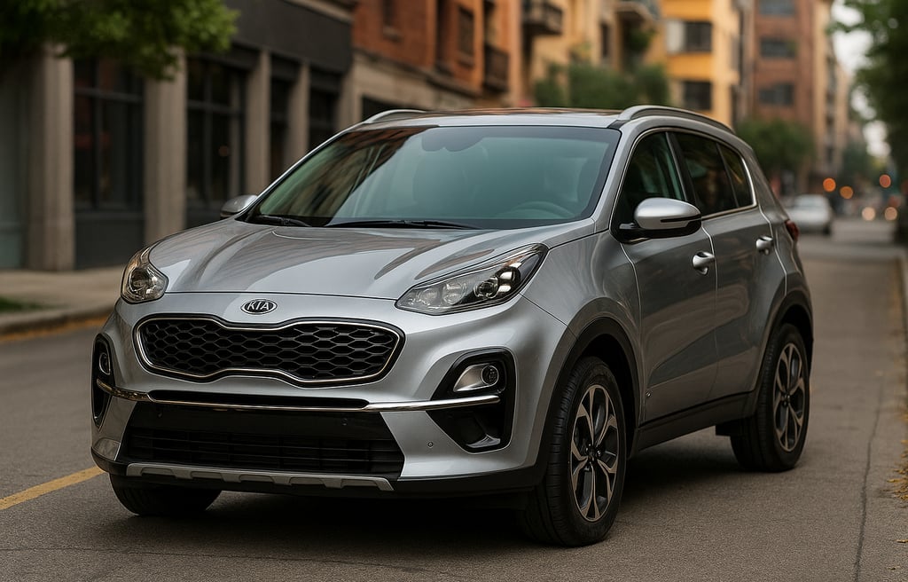Kia Sportage 2022 prateada estacionada em rua urbana brasileira com prédios modernos e árvores ao fu