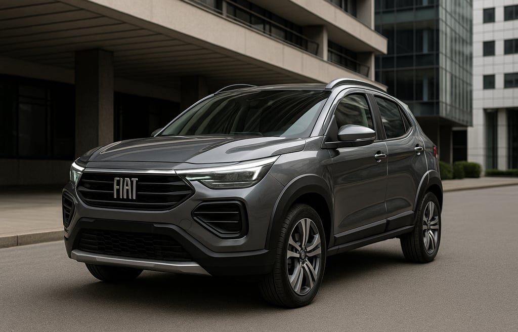Fiat Pulse cinza estacionado em cenário urbano moderno, visto em ângulo lateral dianteiro