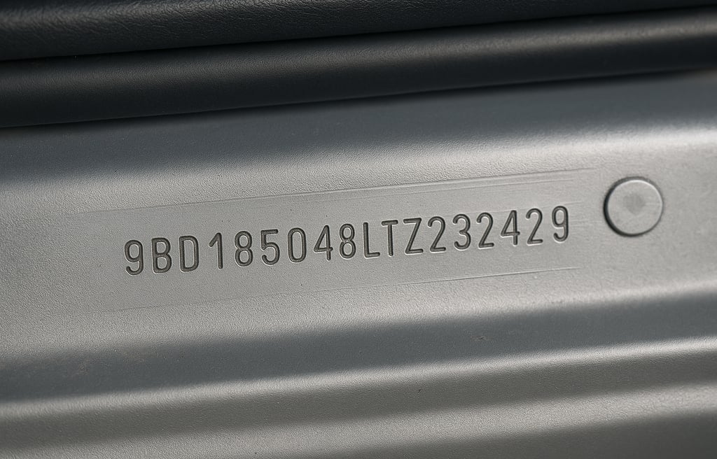 Número de chassi gravado na lataria metálica de carro usado durante vistoria automotiva.