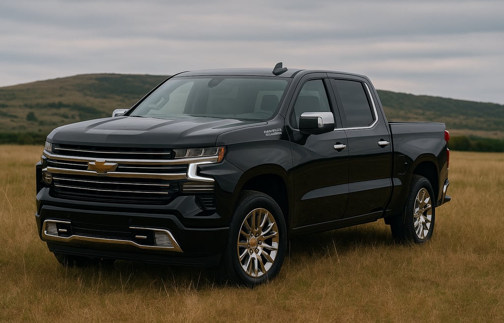Chevrolet Silverado High Country preta estacionada em campo aberto com céu nublado ao fundo