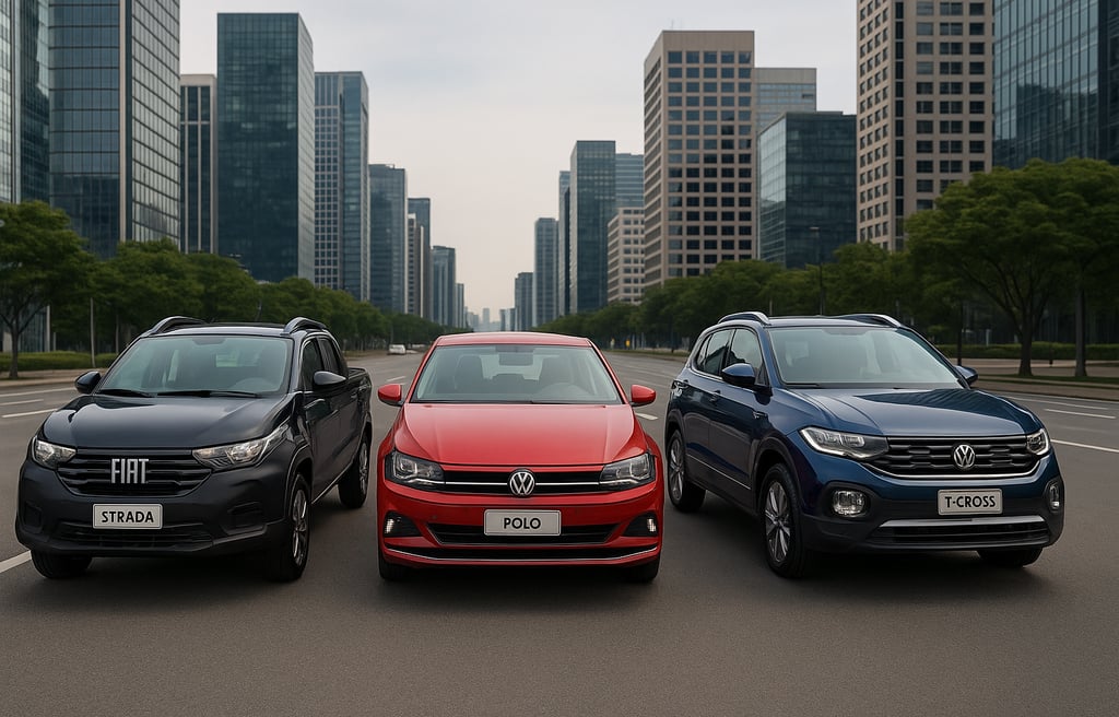 Fiat Strada, Volkswagen Polo e VW T-Cross lado a lado em avenida urbana com margens laterais livres