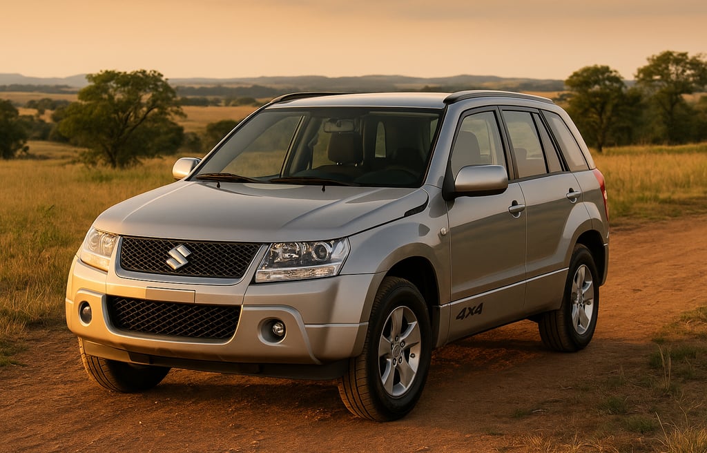 Suzuki Grand Vitara 4x4 2014 em estrada de terra com vegetação e cenário de campo brasileiro realist