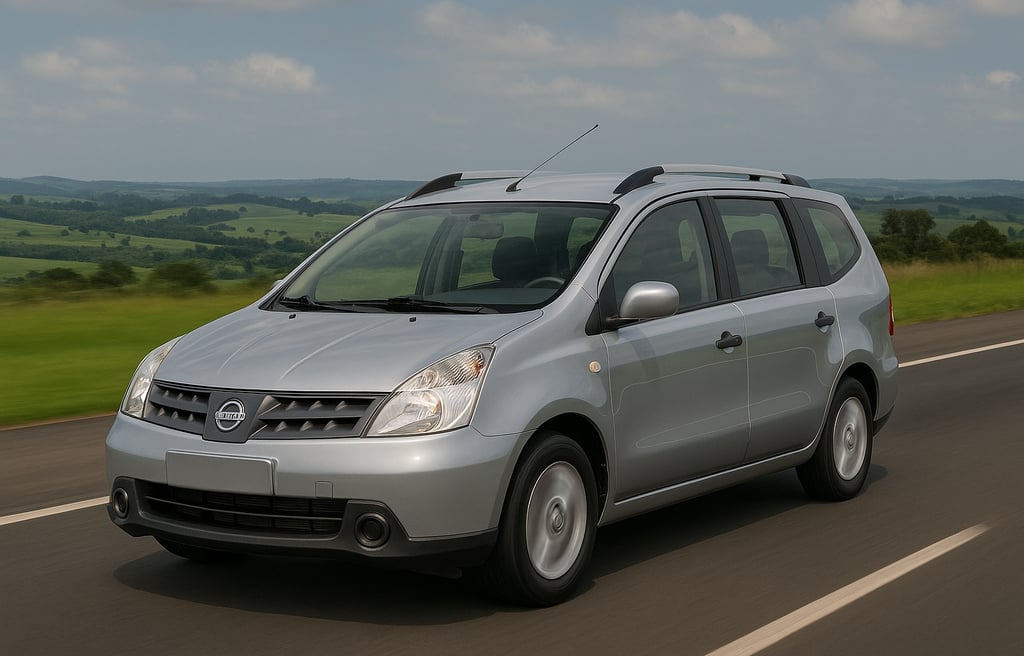 Nissan Livina prata em movimento em rodovia, com colinas verdes ao fundo, vista frontal lateral.
