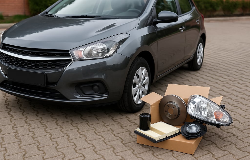 Carro hatch cinza estacionado com caixa de peças automotivas abertas ao lado, incluindo farol, filtr