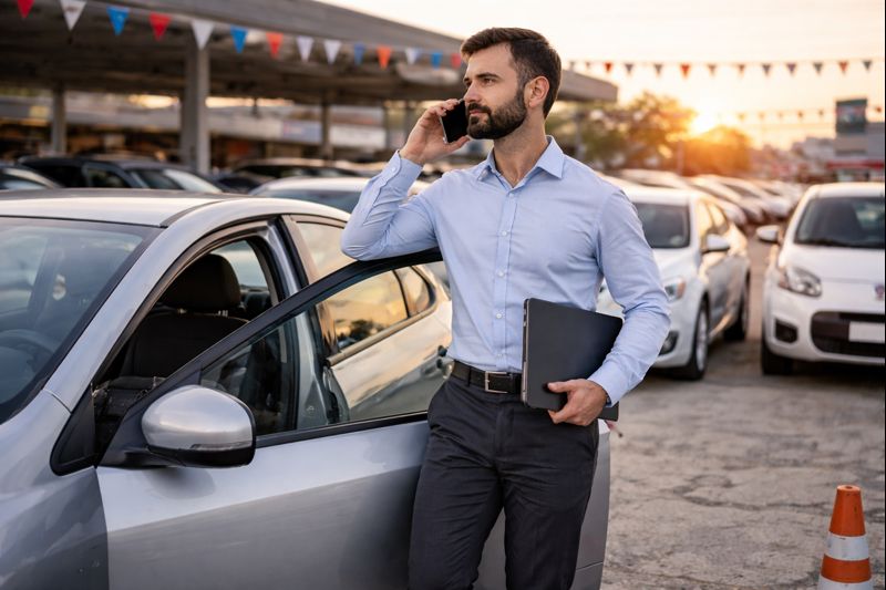 Homem usando carro usado para trabalho diário em pátio de veículos, cenário urbano ao entardecer
