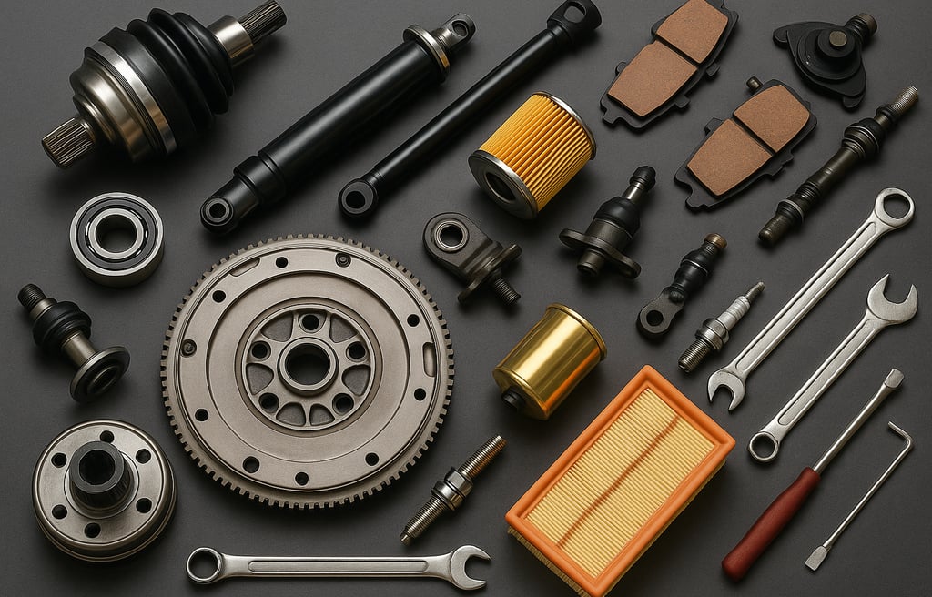 Peças automotivas variadas organizadas sobre superfície escura, incluindo filtros e componentes metá